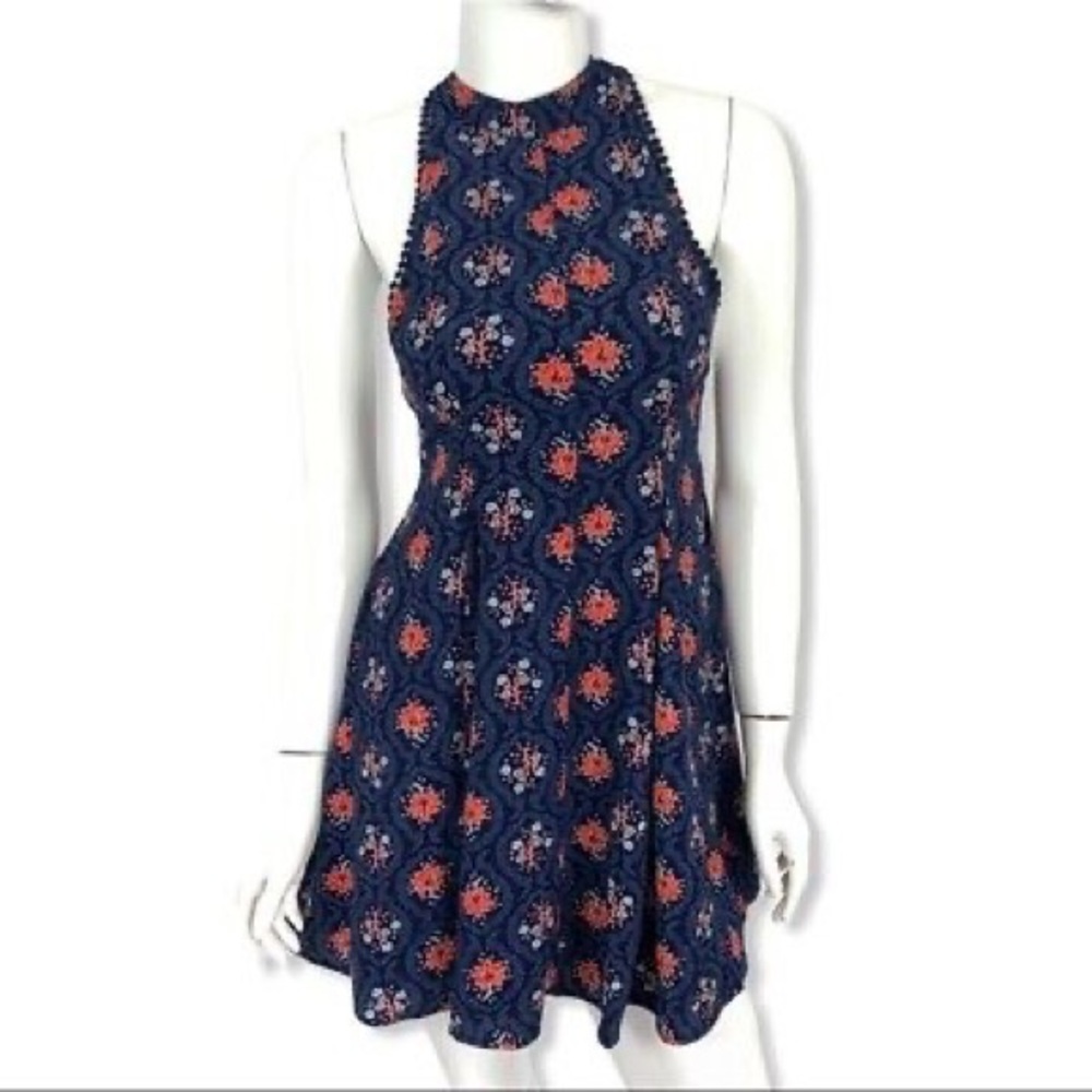 Altar’d State Blue Skater Floral High Neck Mini Dress  Short Casual Dress Large